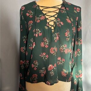 Forever 21 Floral Lace-Up Blouse - Green and Pink